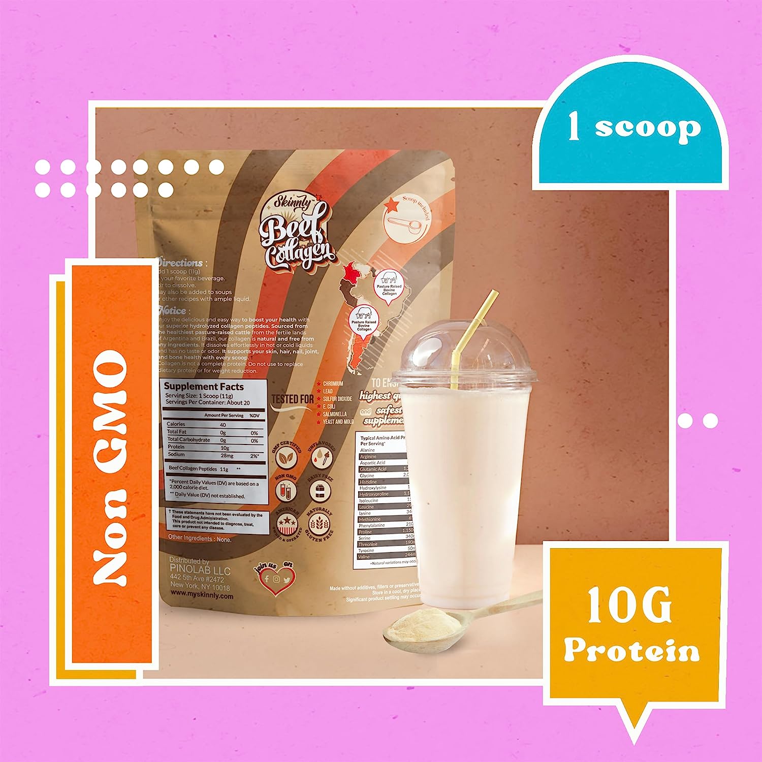 SKINNLY Collagen Peptides Powder, Marine, Beef, and Boost, Unflavored - 8oz (3 Pack)