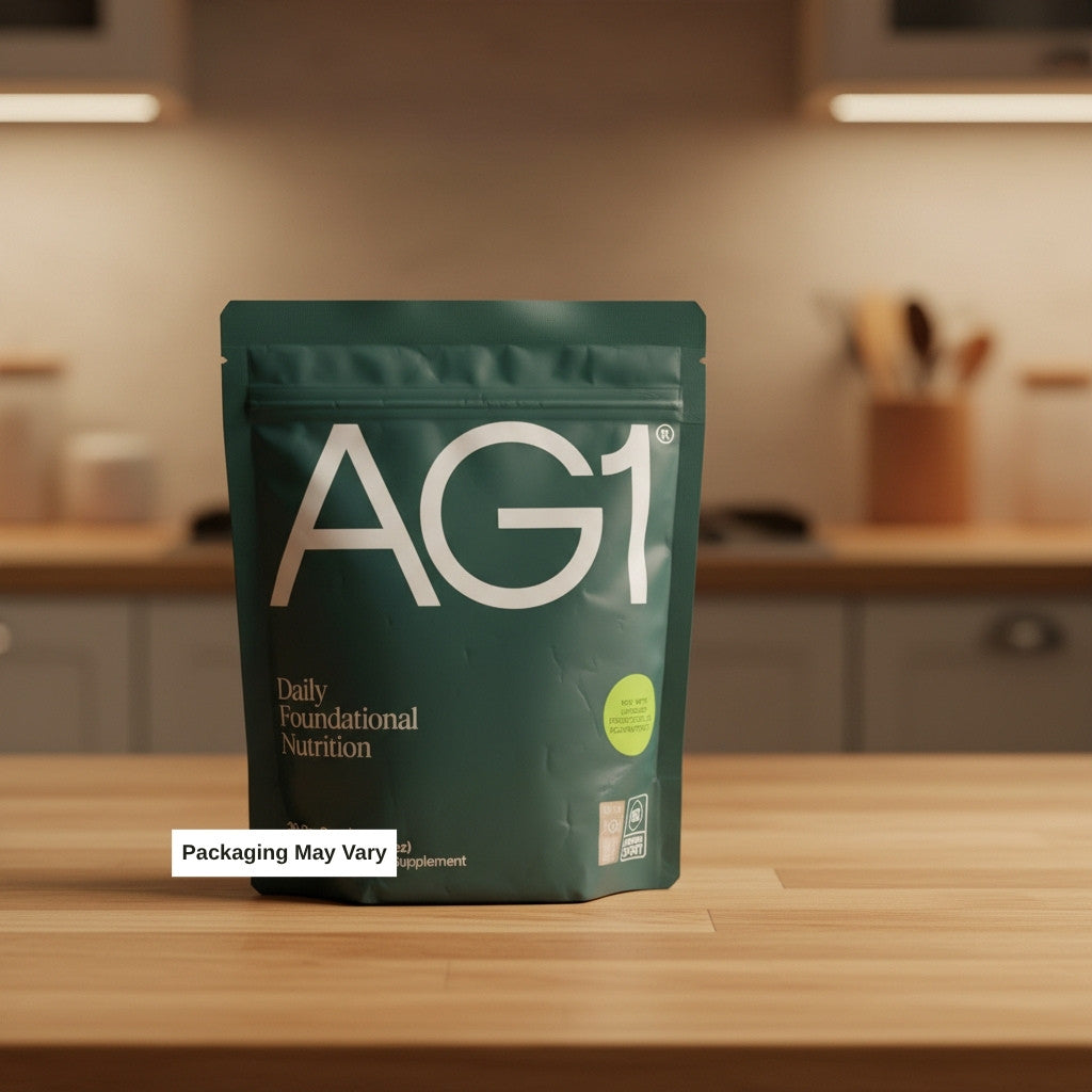 AG1 supplement package on a kitchen counter