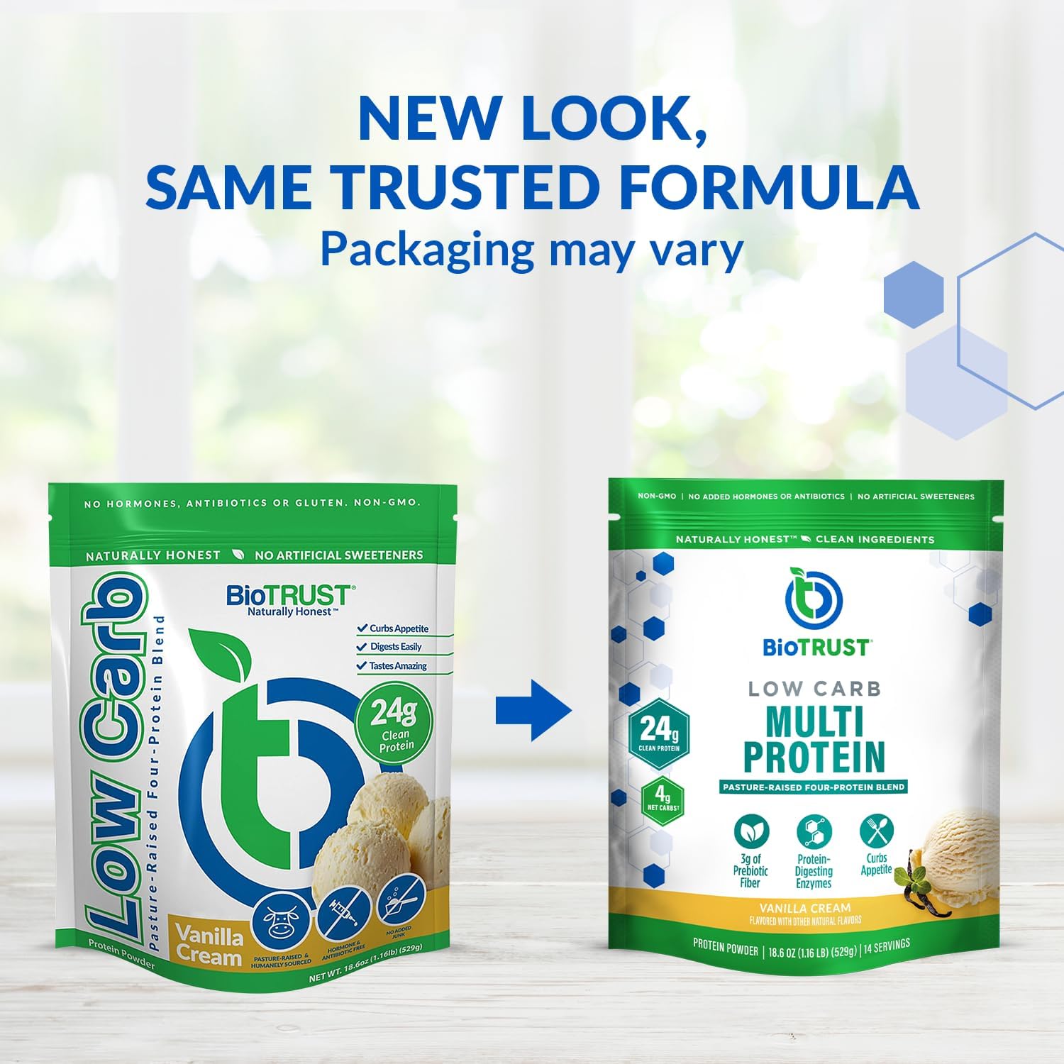 Two BioTrust protein powder packages on a white background with text about new packaging.