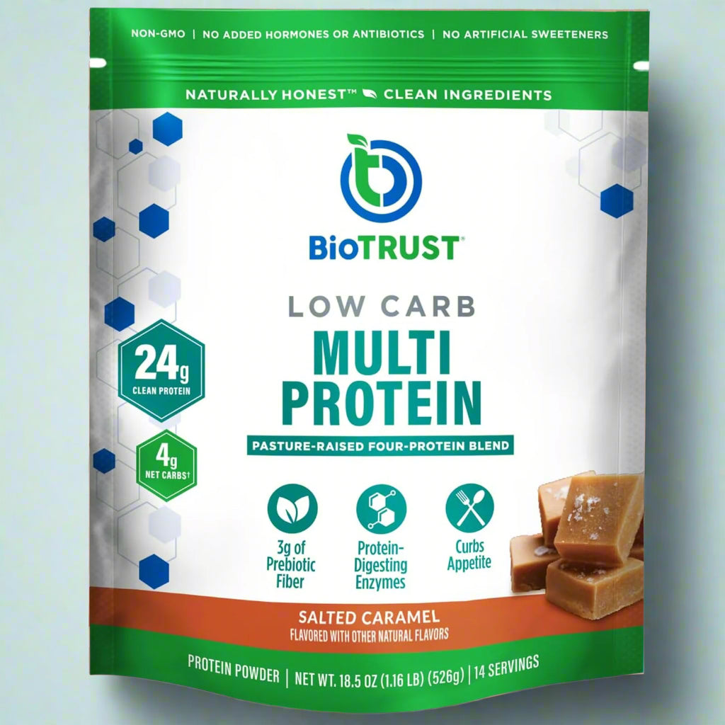 Biotrust low carb multi protein package with salted caramel flavor on a pastel background