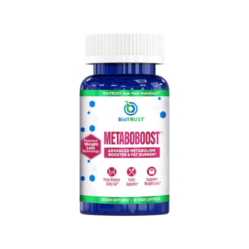 Bottle of MetaboBoost supplement with Biotrust branding on a white background