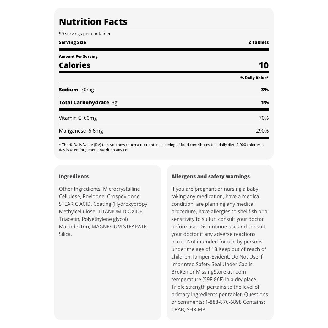 HEB Triple Strength Glucosamine Chondroitin Supplement Facts.