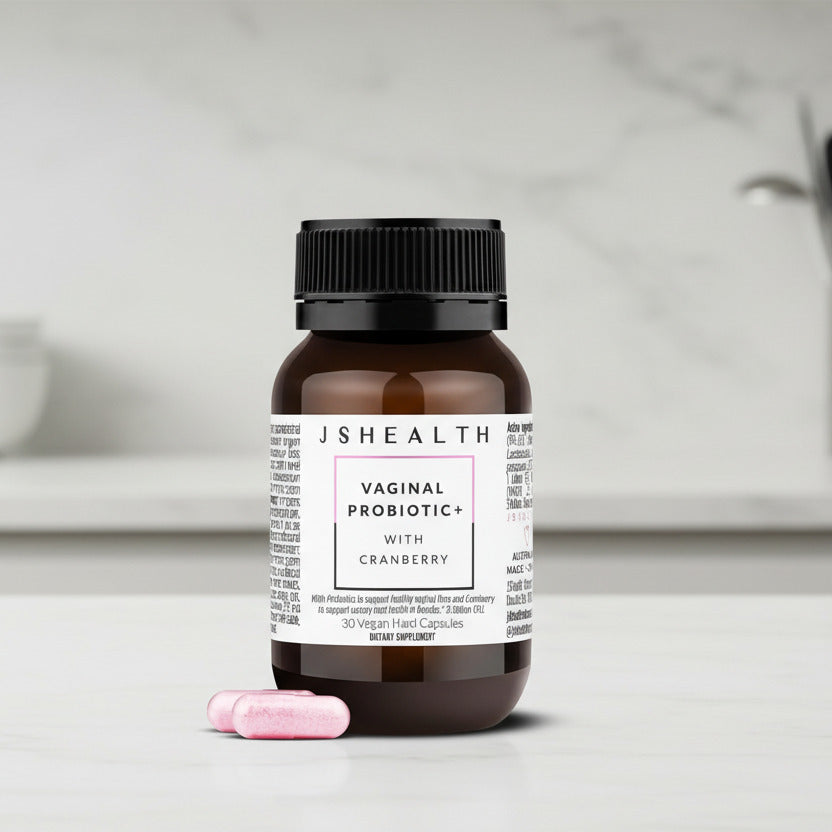 Brown bottle of JSHealth Vaginal Probiotic with Cranberry on a white background