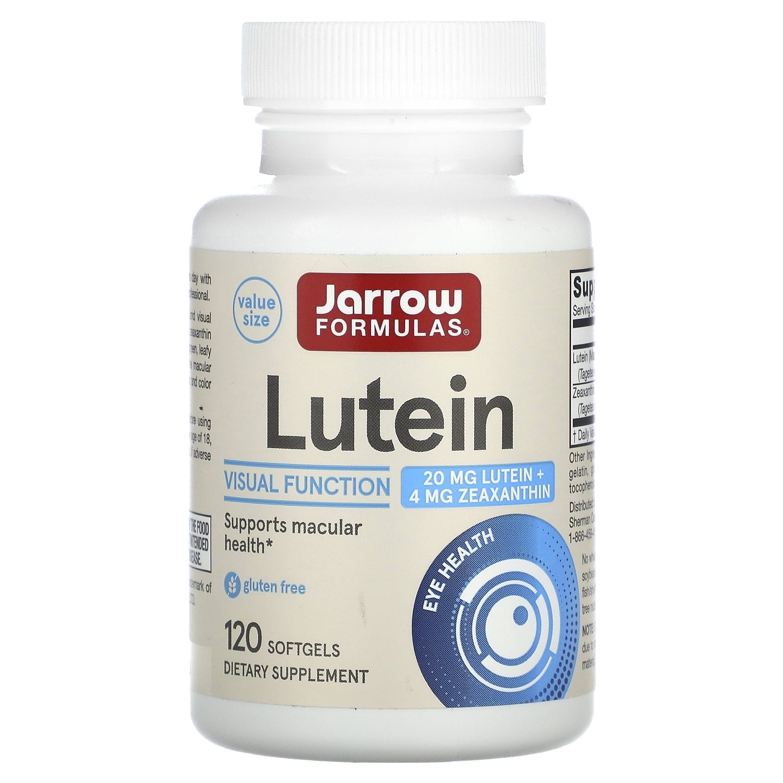 Jarrow Formulas Lutein supplement bottle on a white background