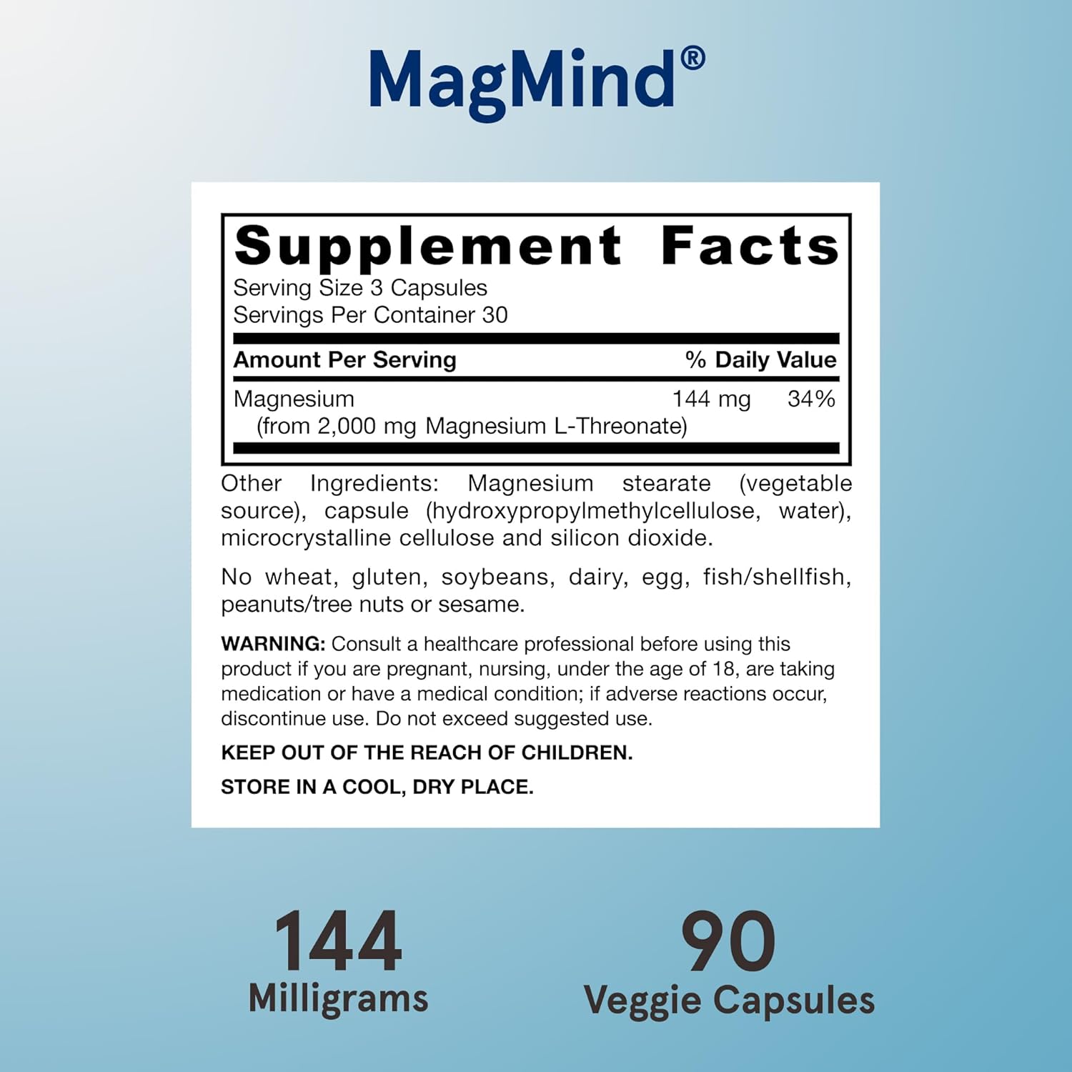 Supplement label for MagMind with supplement facts and product details on a light blue background.