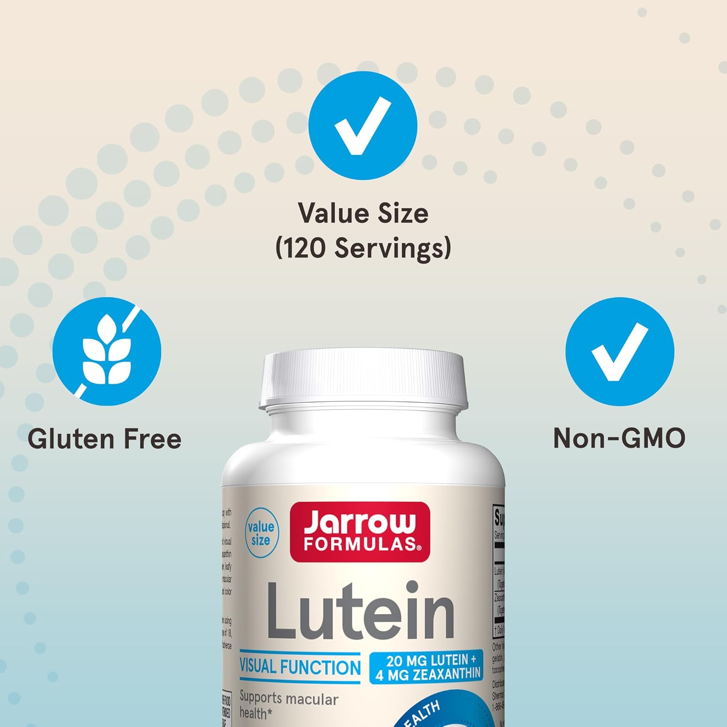 Jarrow Formulas Lutein supplement bottle with certification icons on a light background