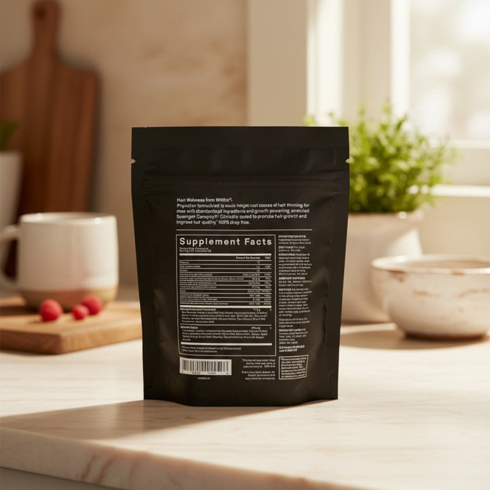 Nutrafol Men's Refill supplement package on a kitchen counter with blurred background