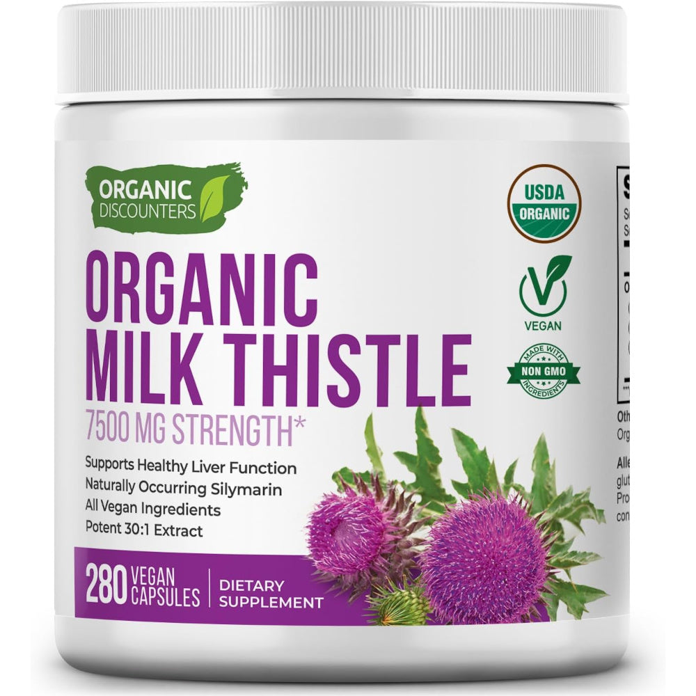 Supplement container labeled 'Organic Milk Thistle' with purple text and milk thistle plant imagery on a white background.