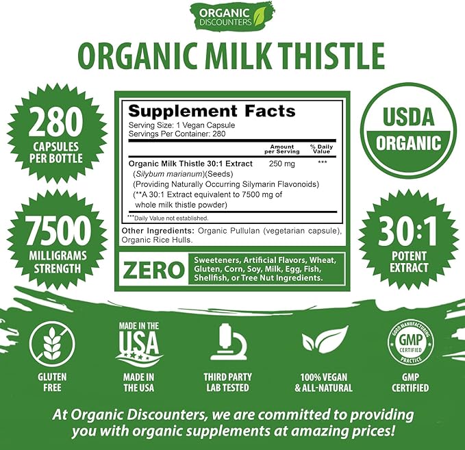 Supplement label for Organic Milk Thistle with various certification logos and product details on a green background.