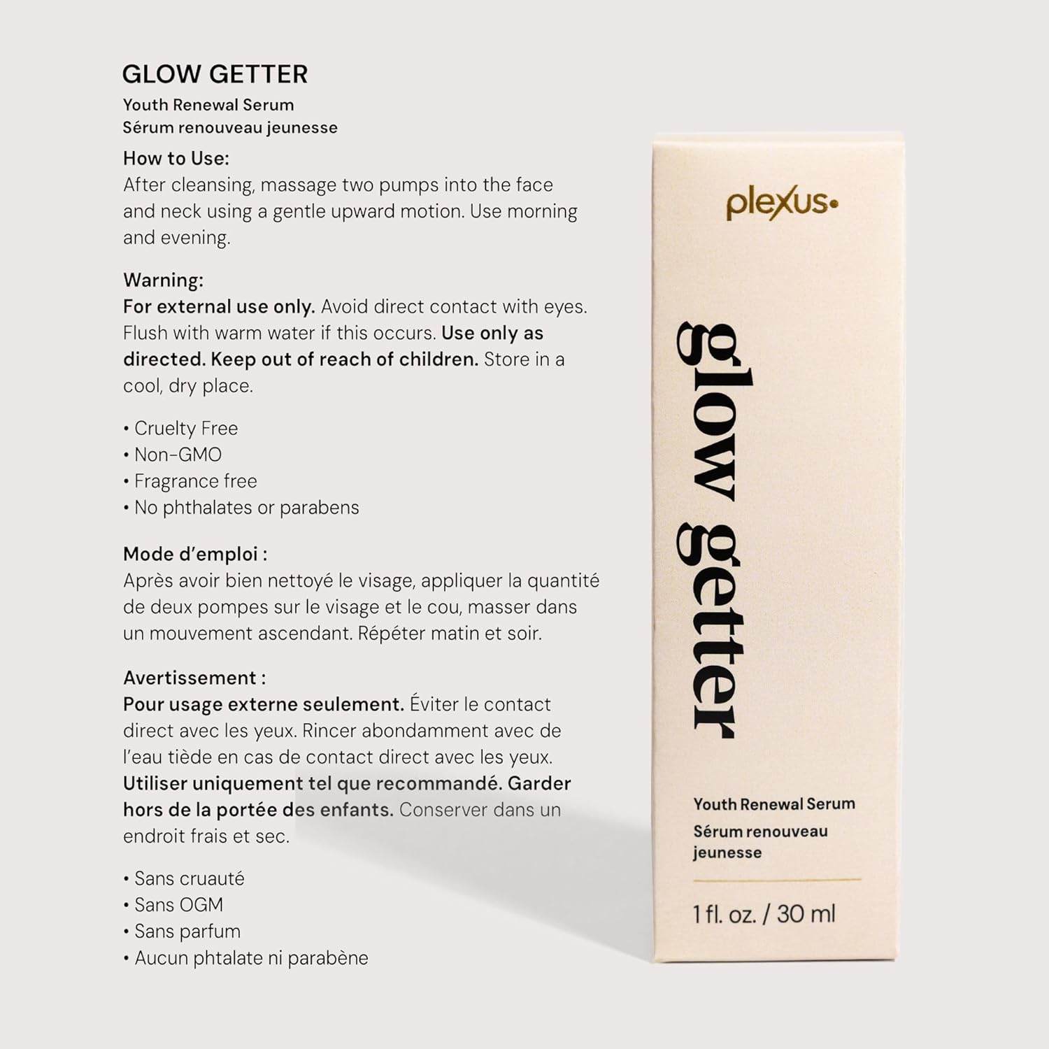 Plexus Glow Getter Youth Renewal Serum packaging with usage instructions on a light gray background