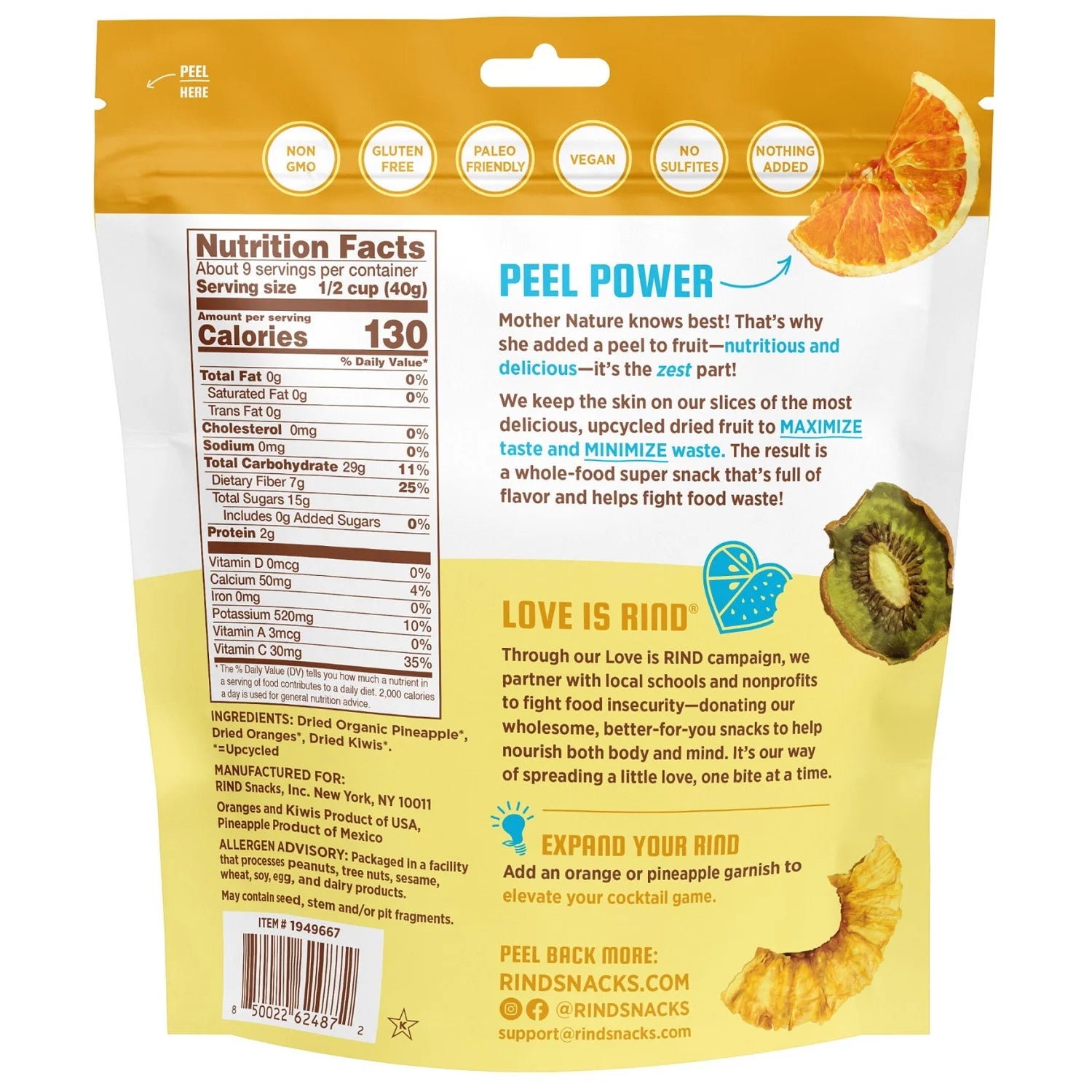 Back view of a snack package with nutritional information and product details.