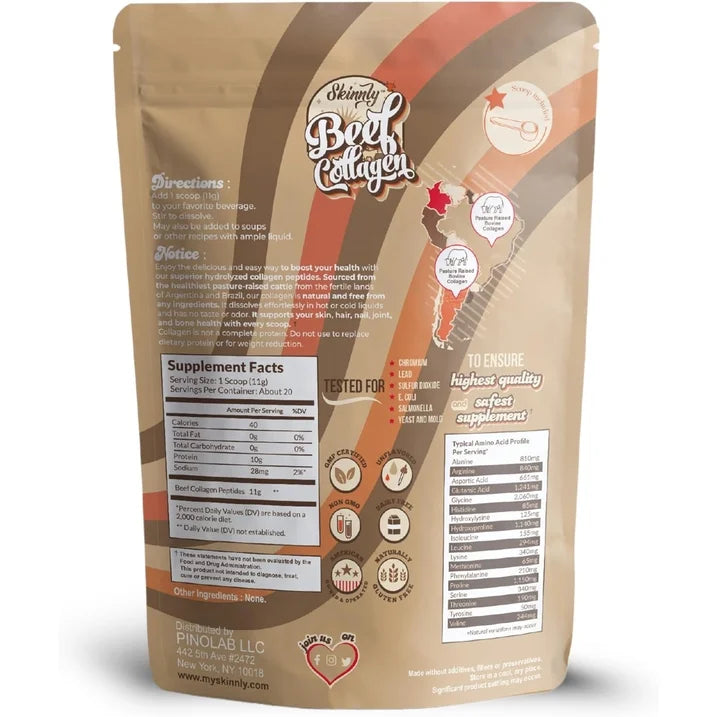 Beef collagen supplement package with branding and nutritional information on a white background