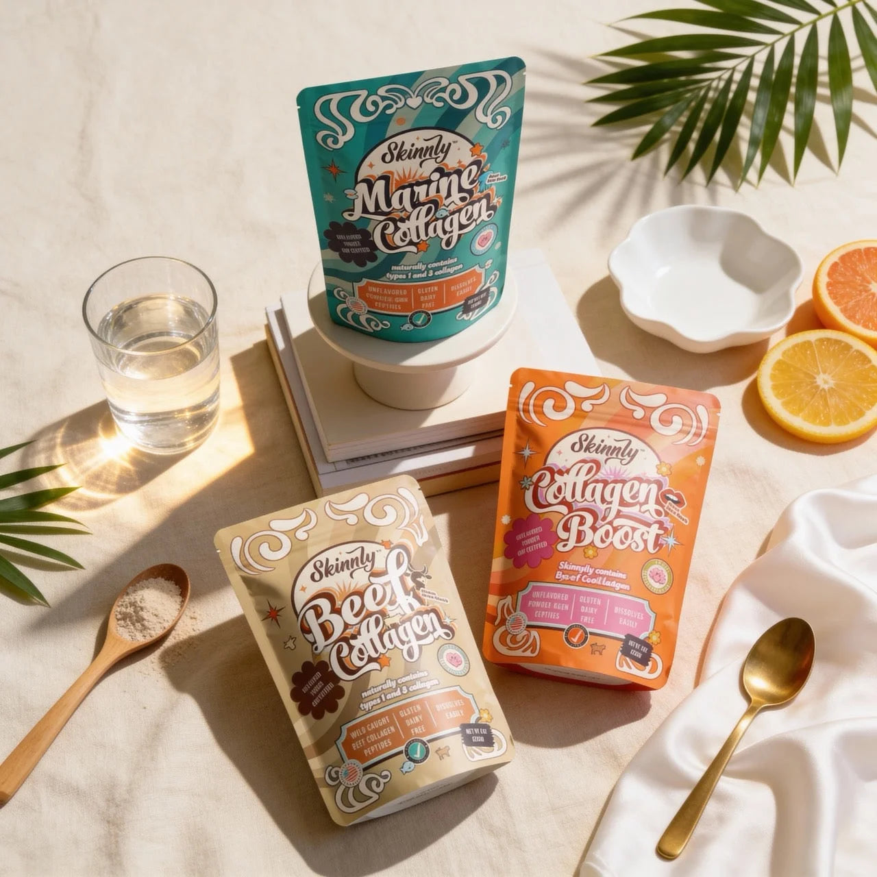 Three packets of Skinny Collagen on a light surface with a glass of water, spoon, and oranges.