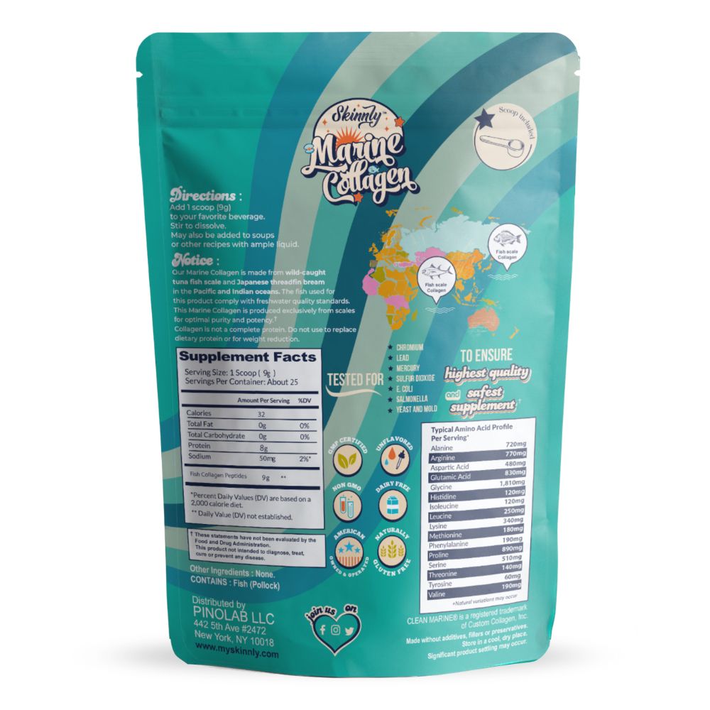 Teal package of Skinnly Marine Collagen with branding and nutritional information on a white background