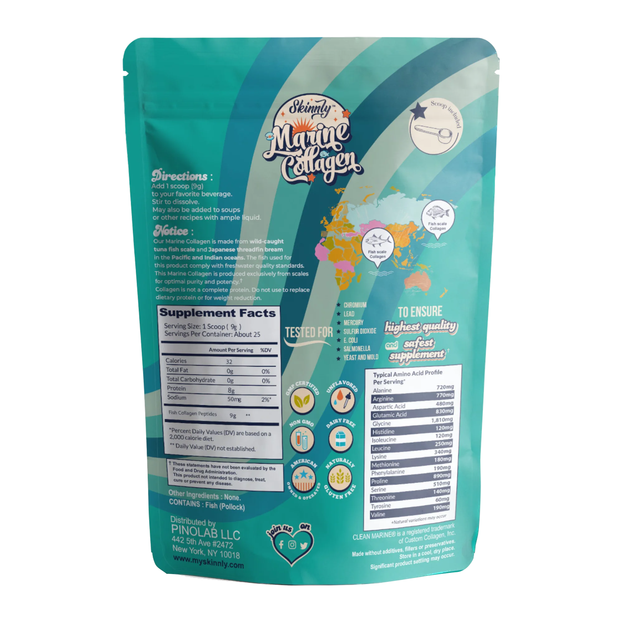 Teal package of Marine Collagen with branding and nutritional information on a white background