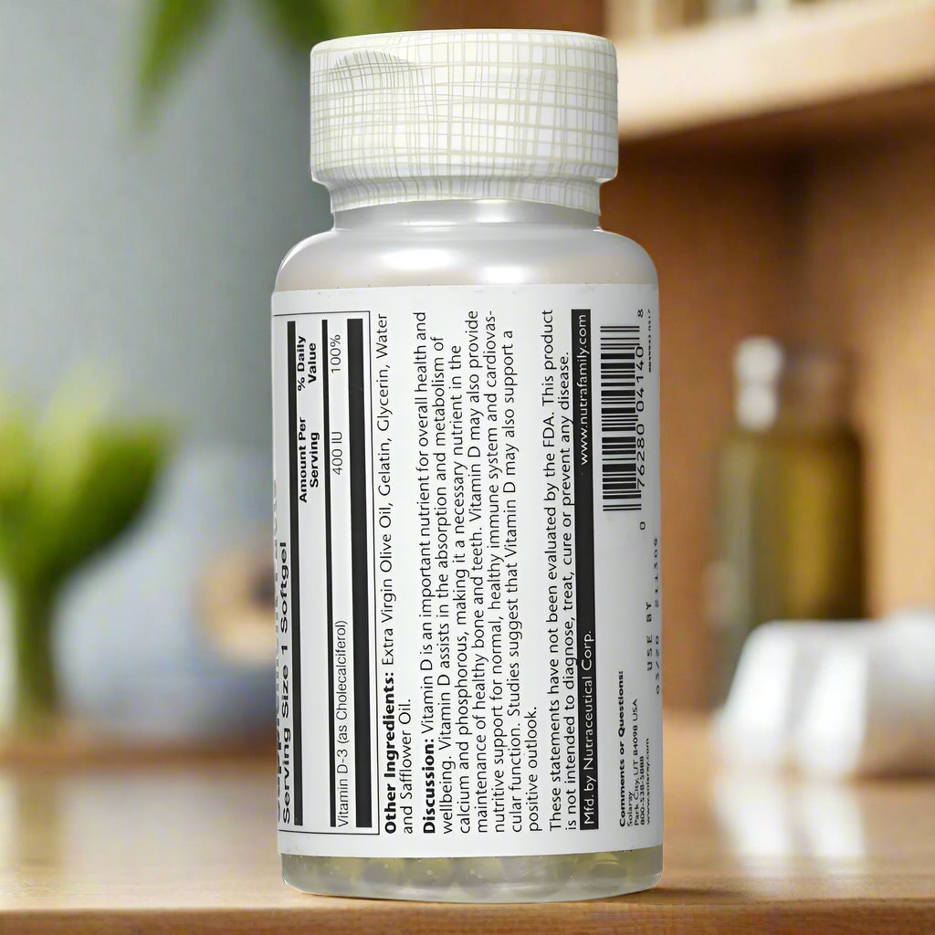 Solaray D-3 10 mcg Supplement Bottle - Supplement Facts.