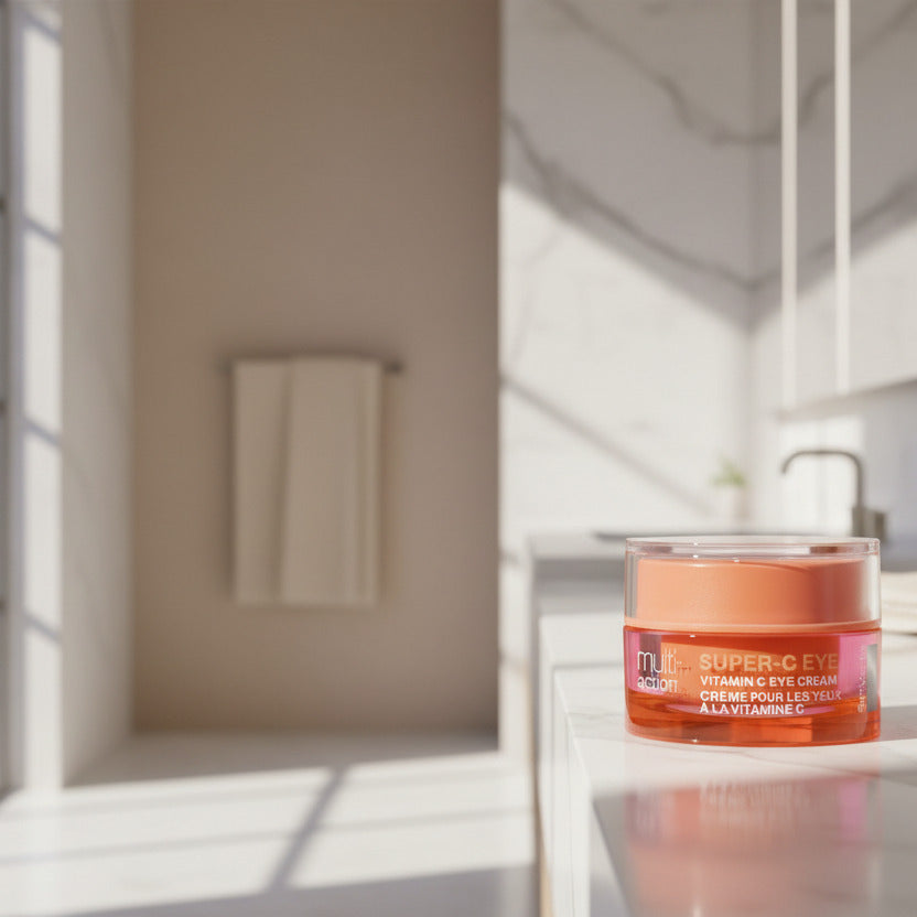 Orange jar of StriVectin Super-C Eye Vitamin C Eye Cream on a white background