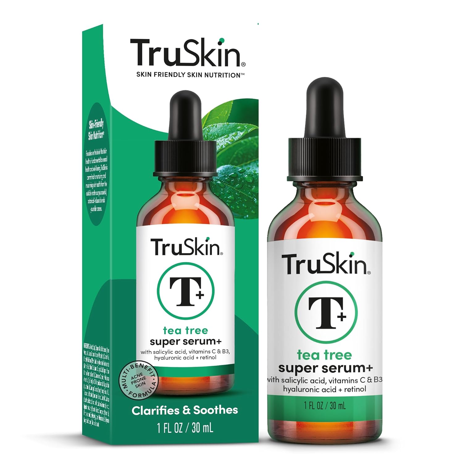 TruSkin tea tree super serum with packaging on a white background