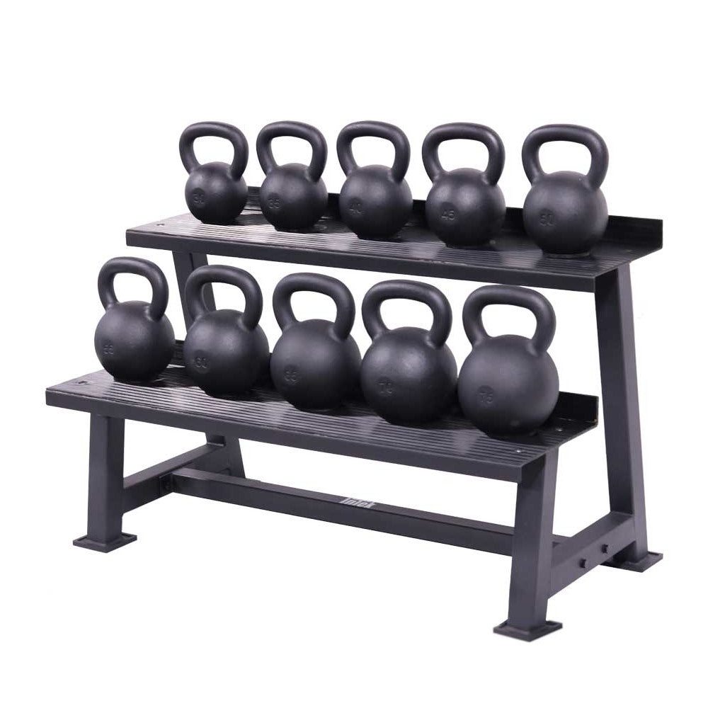 Intek Cast Iron Kettlebells group shown on Intek Kettlebell Rack.