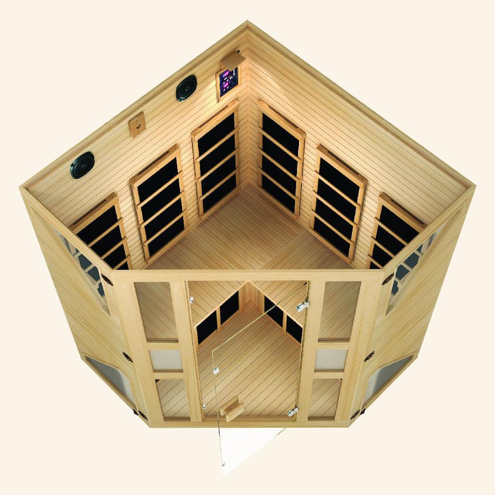 JNH LifeStyles Ensi Corner Infrared Sauna featuring zero EMF and premium Canadian Hemlock Wood.
