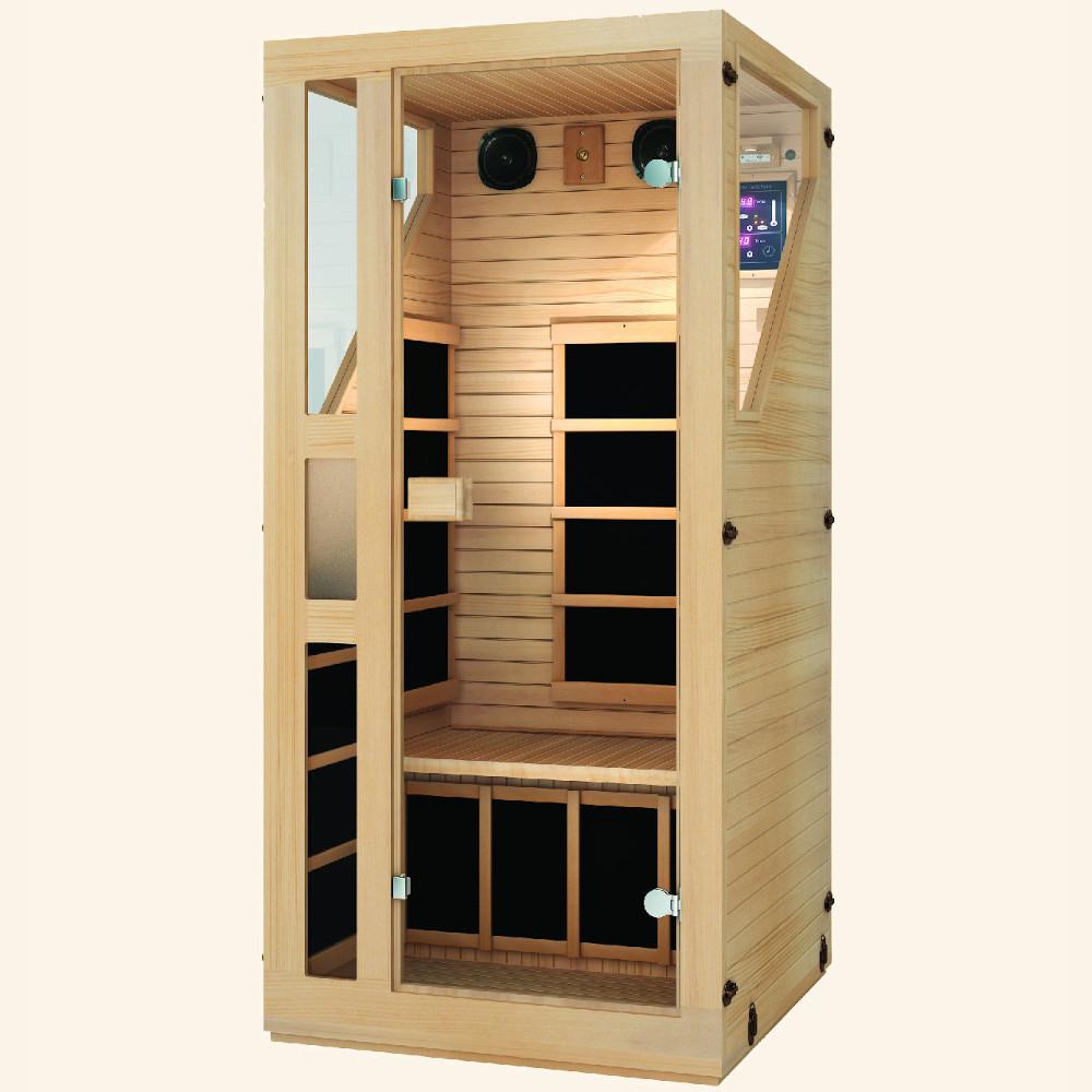 JNH LifeStyles Ensi 1 Person Infrared Sauna made from premium Canadian Hemlock and Zero EMF reading.