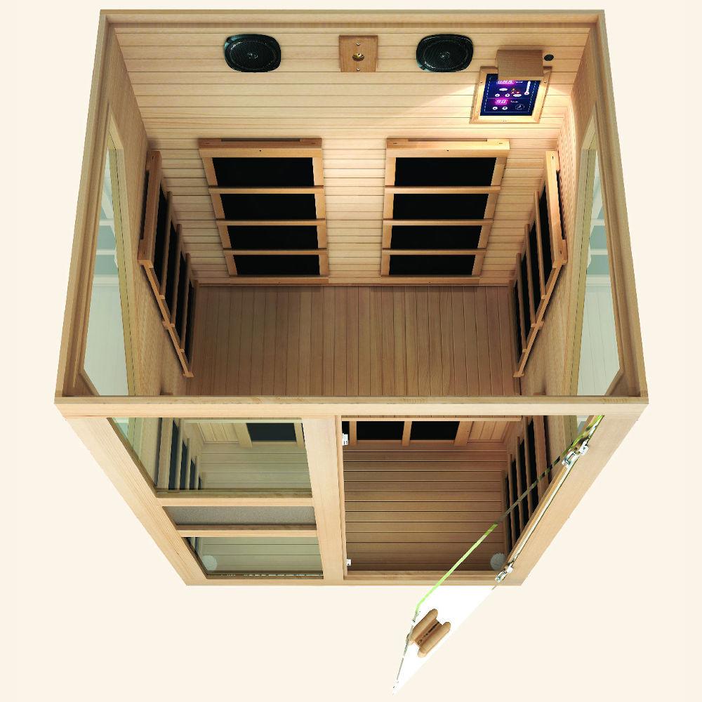 JNH LifeStyles Ensi 2 Person Infrared Sauna featuring premium sound systems and a digital control panel.