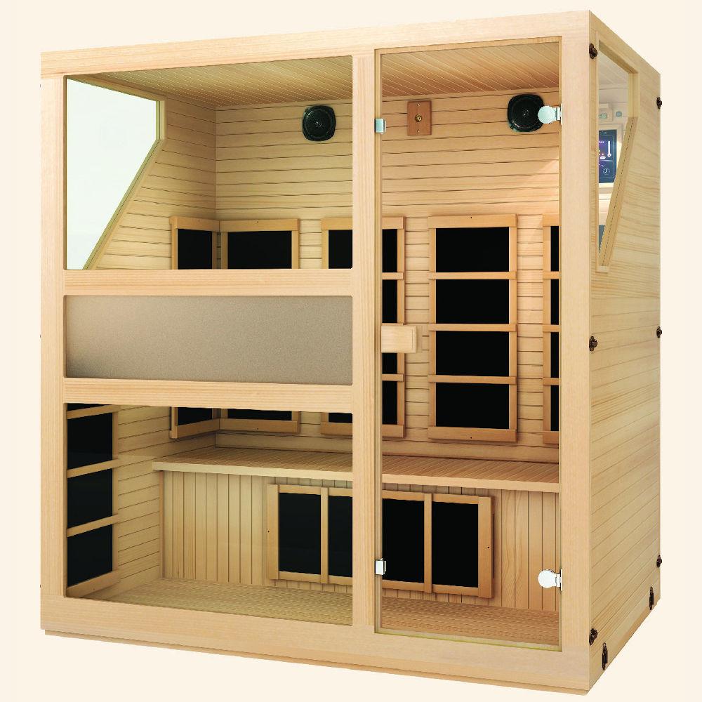 JNH LifeStyles Ensi 4 Person Infrared Sauna made from premium Canadian Hemlock and Zero EMF reading.