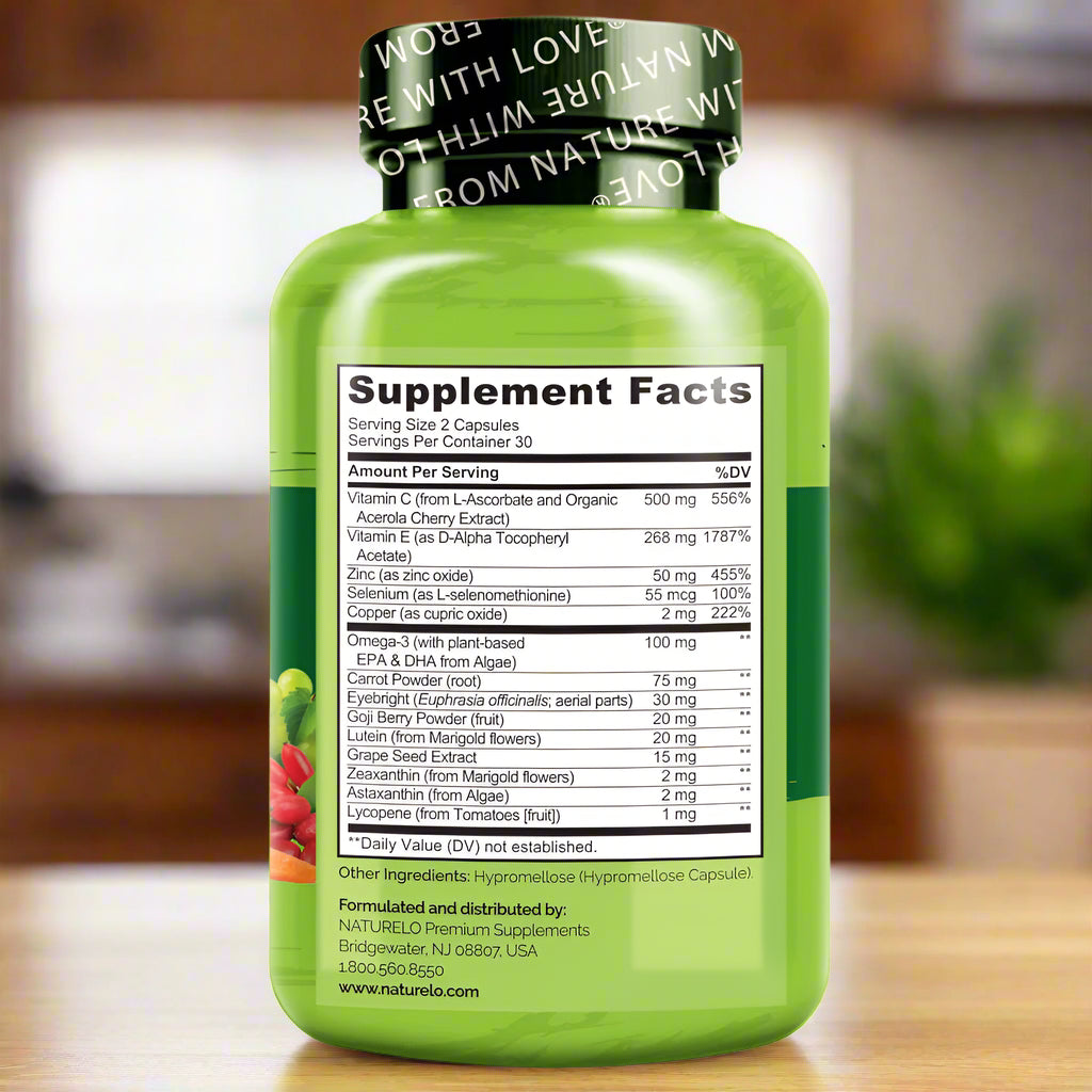 NATURELO Eye Health - AREDS 2 Formula Nutrients 60 Capsules. - Supplement Facts.