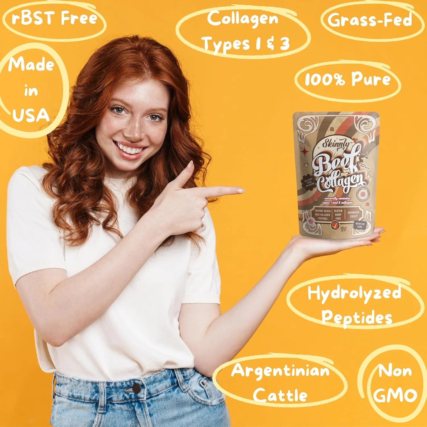 Woman pointing to a container of Skinnly beef collagen with various product features highlighted on an orange background.