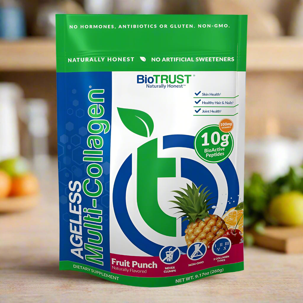 BioTrust Ageless Multi-Collagen dietary supplement package with fruit punch flavor on a white background