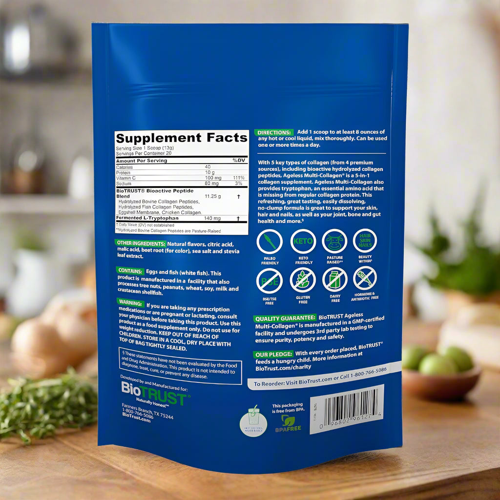 Back of a blue Biotrust supplement package with text and icons.