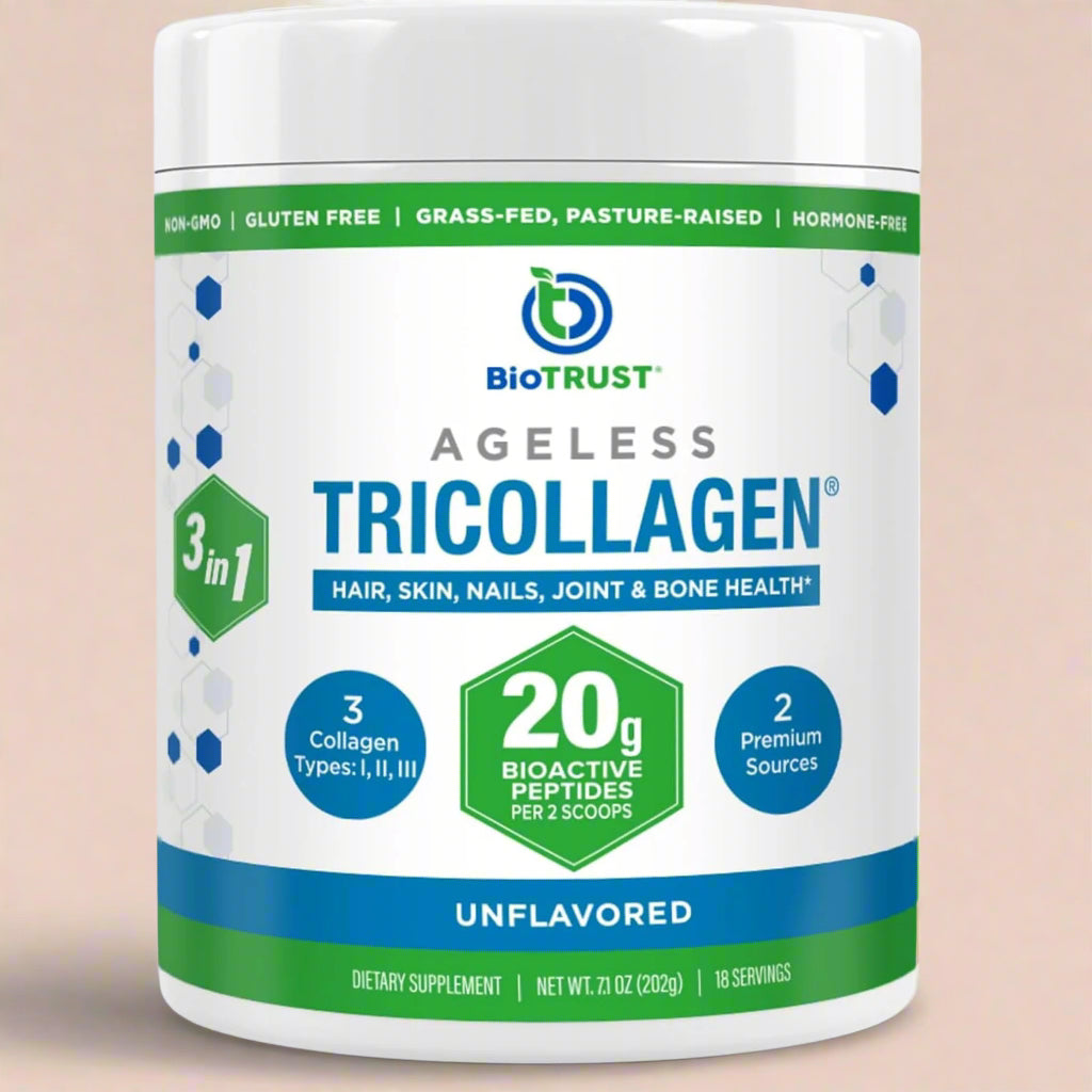 Biotrust Ageless Tricollagen supplement container on a beige background
