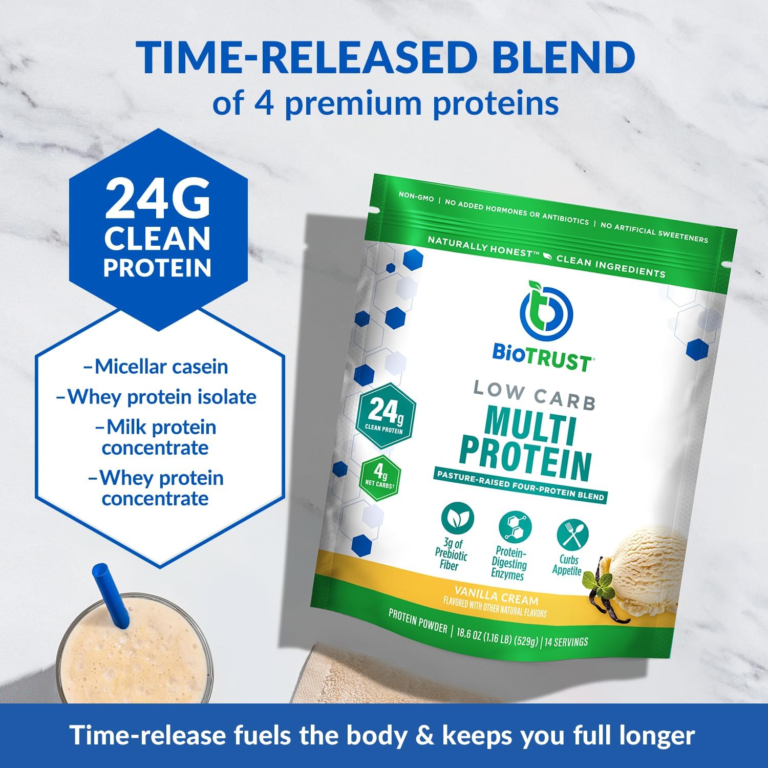 Biotrust Low Carb Multi Protein package with time-release blend information on a white background