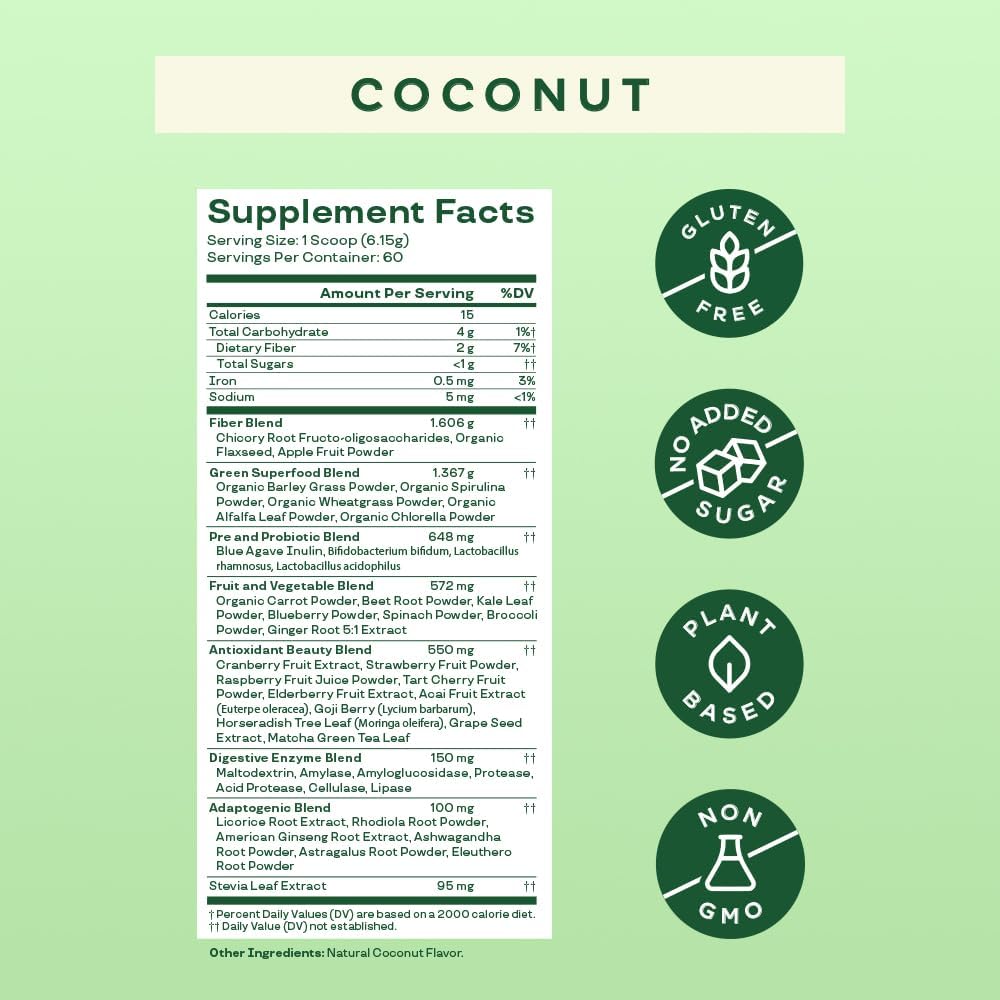 Bloom Nutrition Greens & Superfoods Coconut Powder - 60 Servings - Supplement Facts.