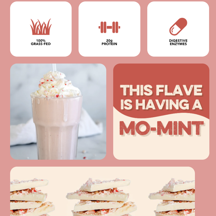 Product packaging with images of a milkshake and cookies, featuring text and icons on a pink background.