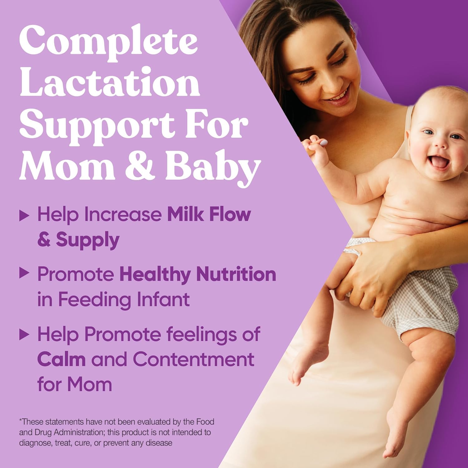 Woman holding a baby with text about lactation support on a purple background