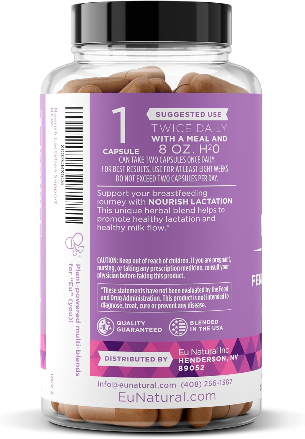 EU Natural  supplement bottle with purple label and black lid on a white background