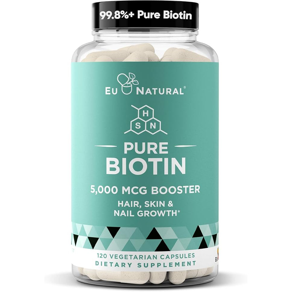 Bottle of EU Natural Pure Biotin supplement with a white background