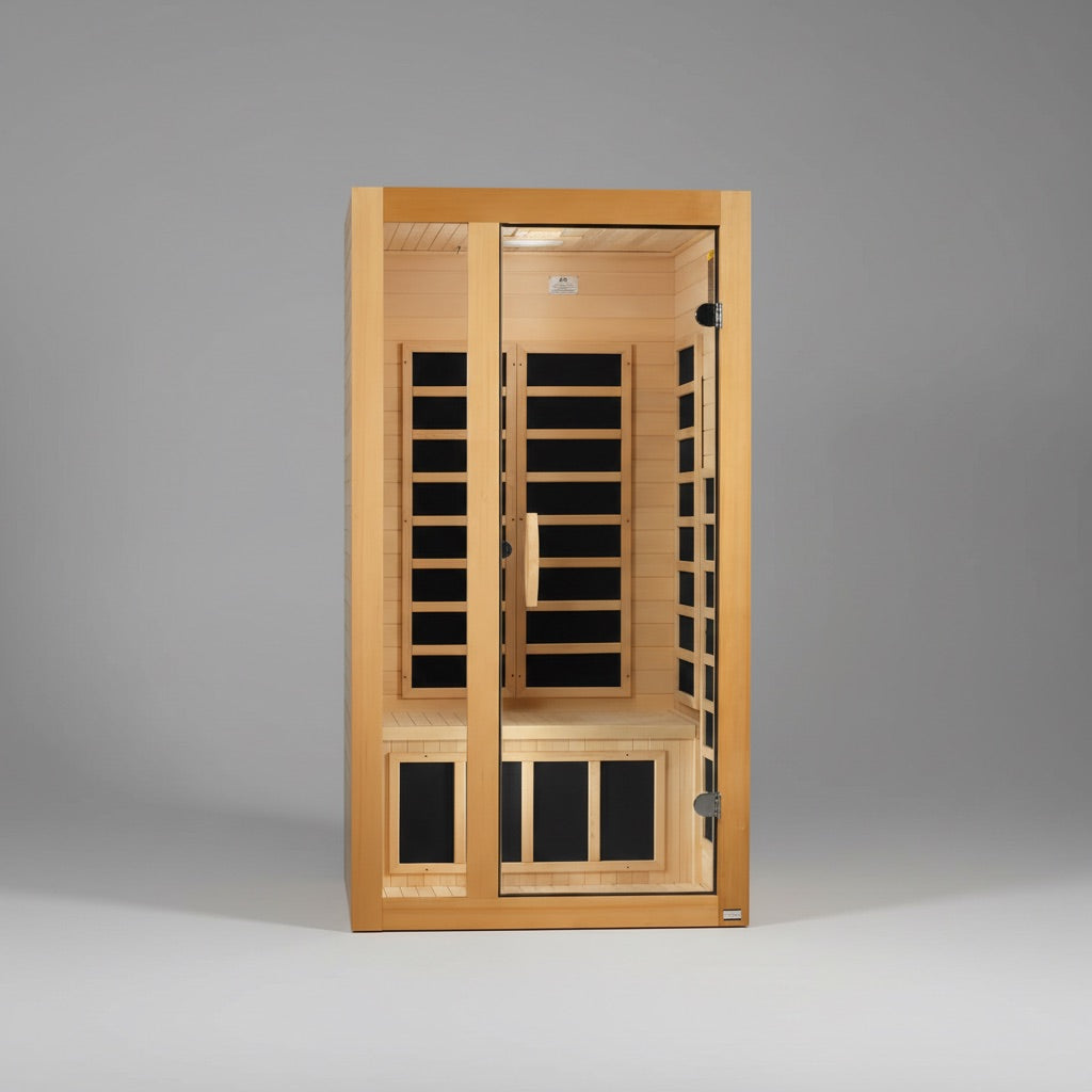 Wooden sauna with glass door on a gray background