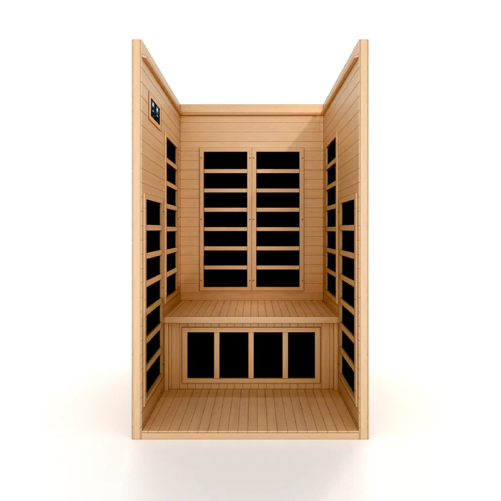Golden Designs Garcia Wooden sauna with a bench and glass panels on a white background