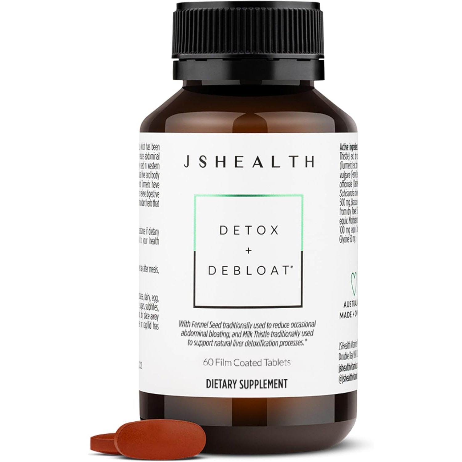 Supplement bottle labeled 'JS Health Detox + Debloat' on a white background