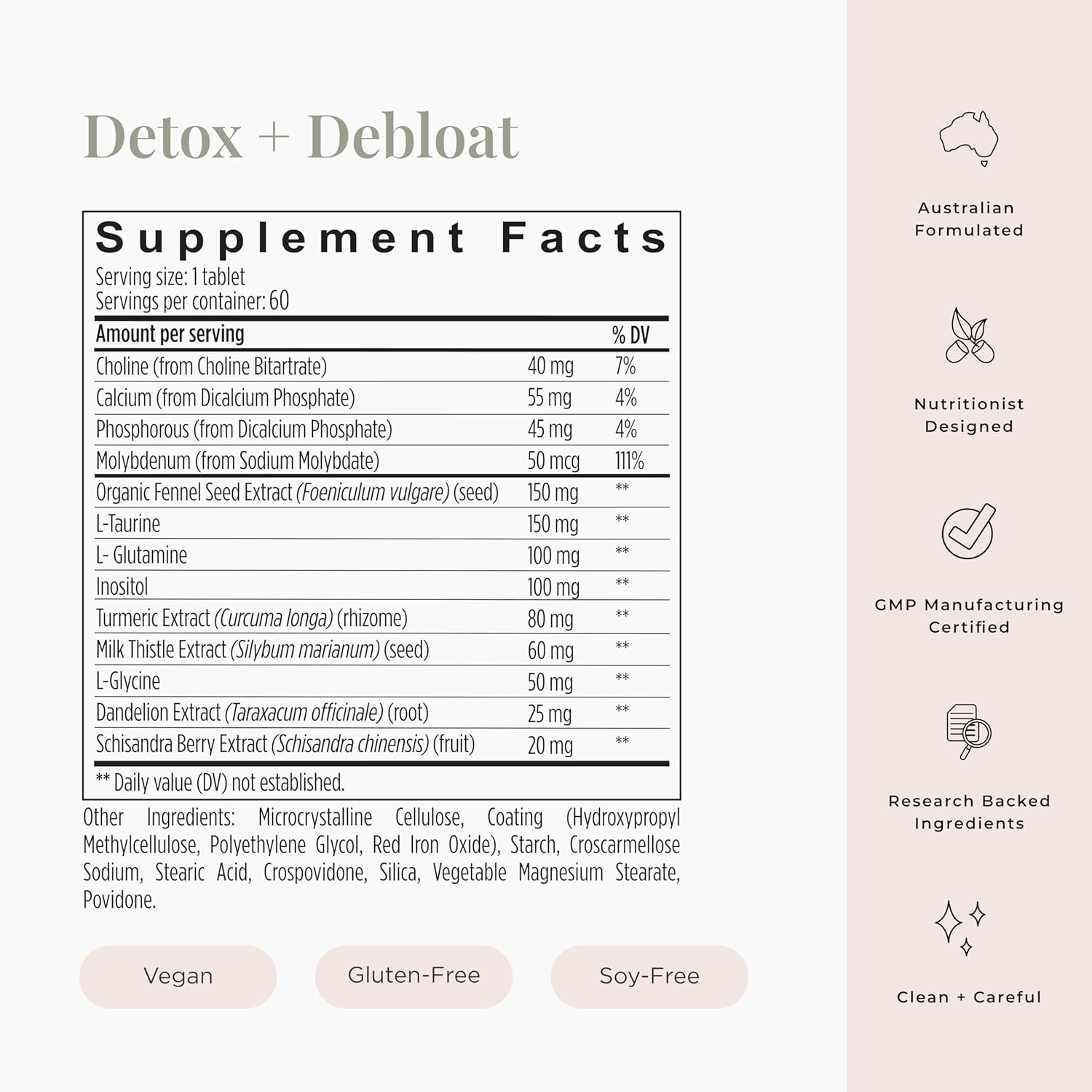 Supplement facts label for a detox and debloat product with ingredients and certifications on a beige background.