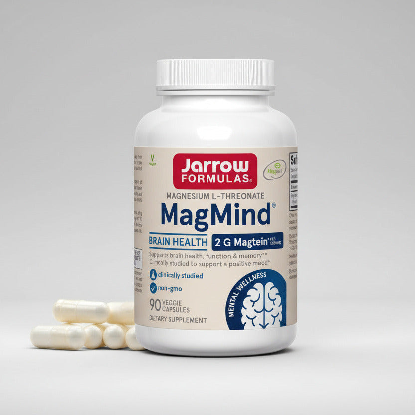 Jarrow Formulas MagMind supplement bottle with capsules on a white background