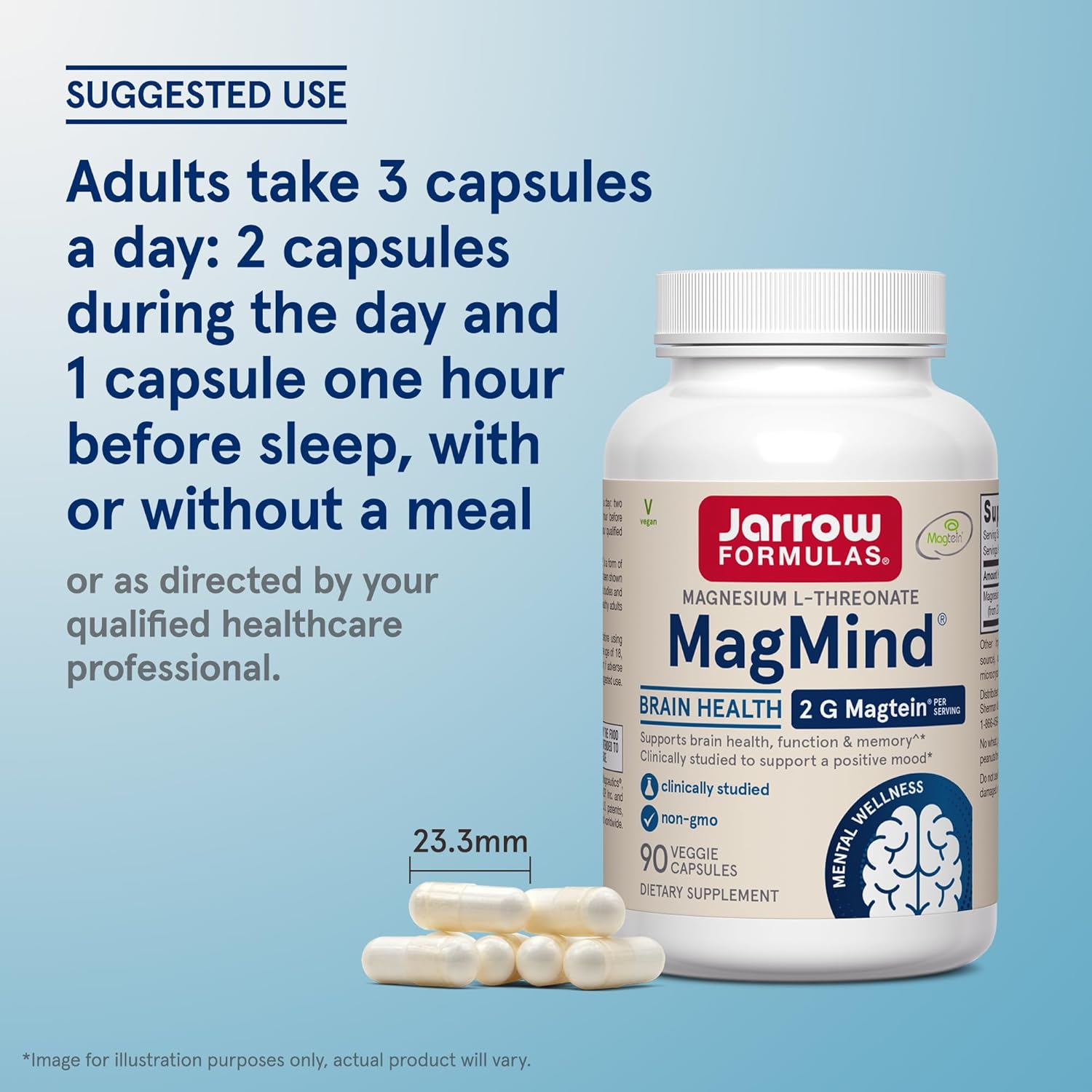 Jarrow Formulas MagMind supplement bottle with capsules on a blue background