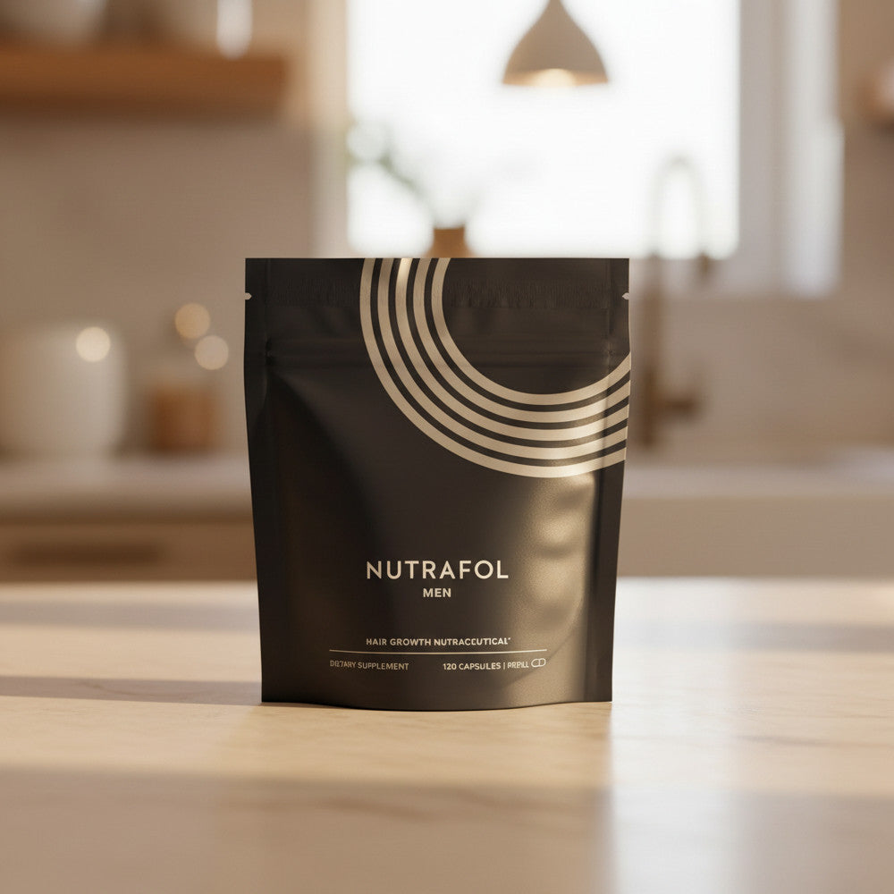 Nutrafol Men's hair growth supplement package on a wooden surface with a blurred background