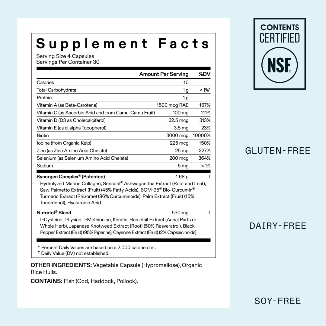 Supplement label with certification logos on a light blue background