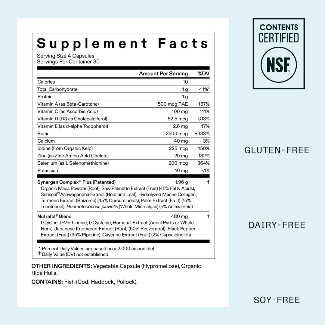 Nutrafol Women supplement label with certification logos on a light blue background.