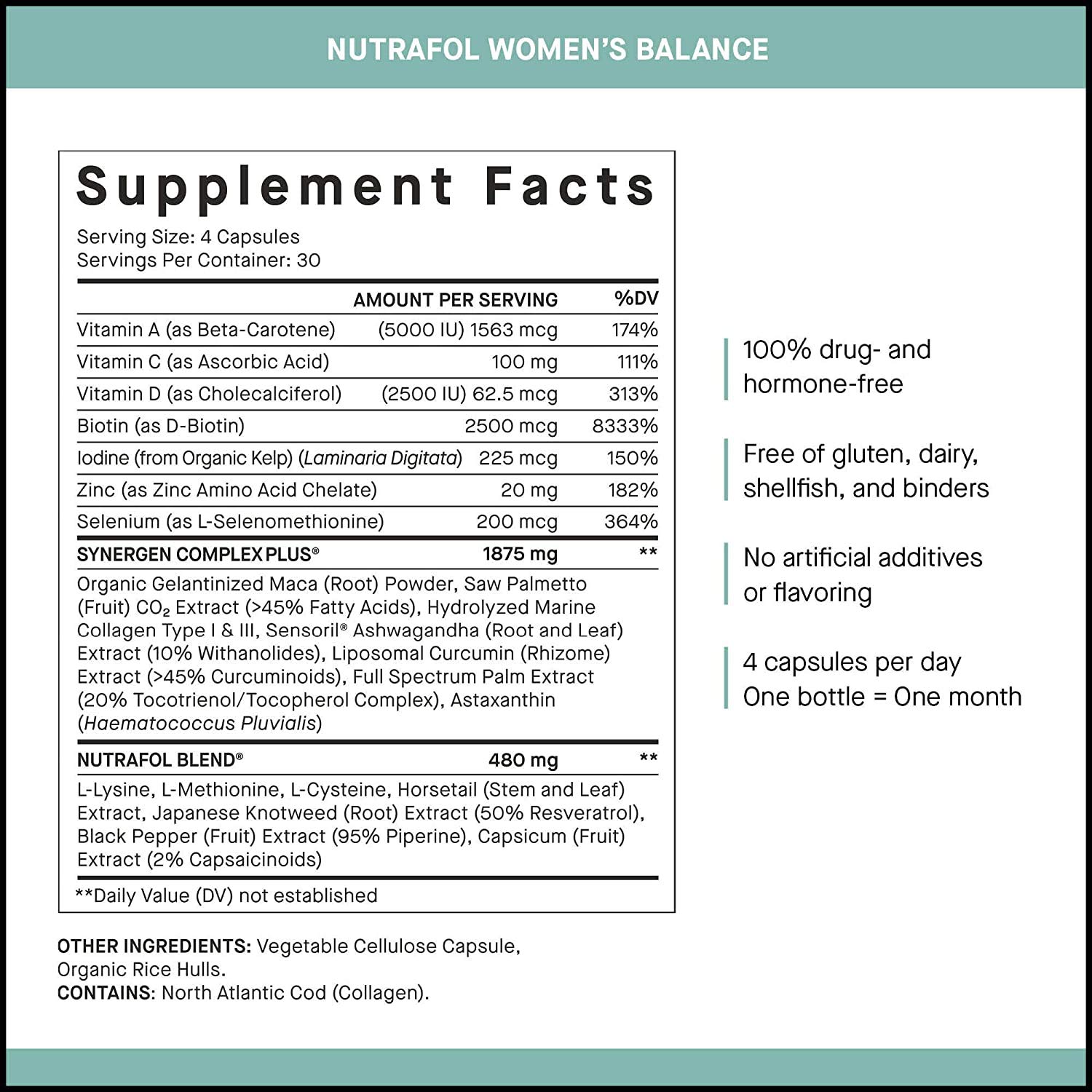 Nutrafol Women Balance - 120 Count - Supplement Facts. 