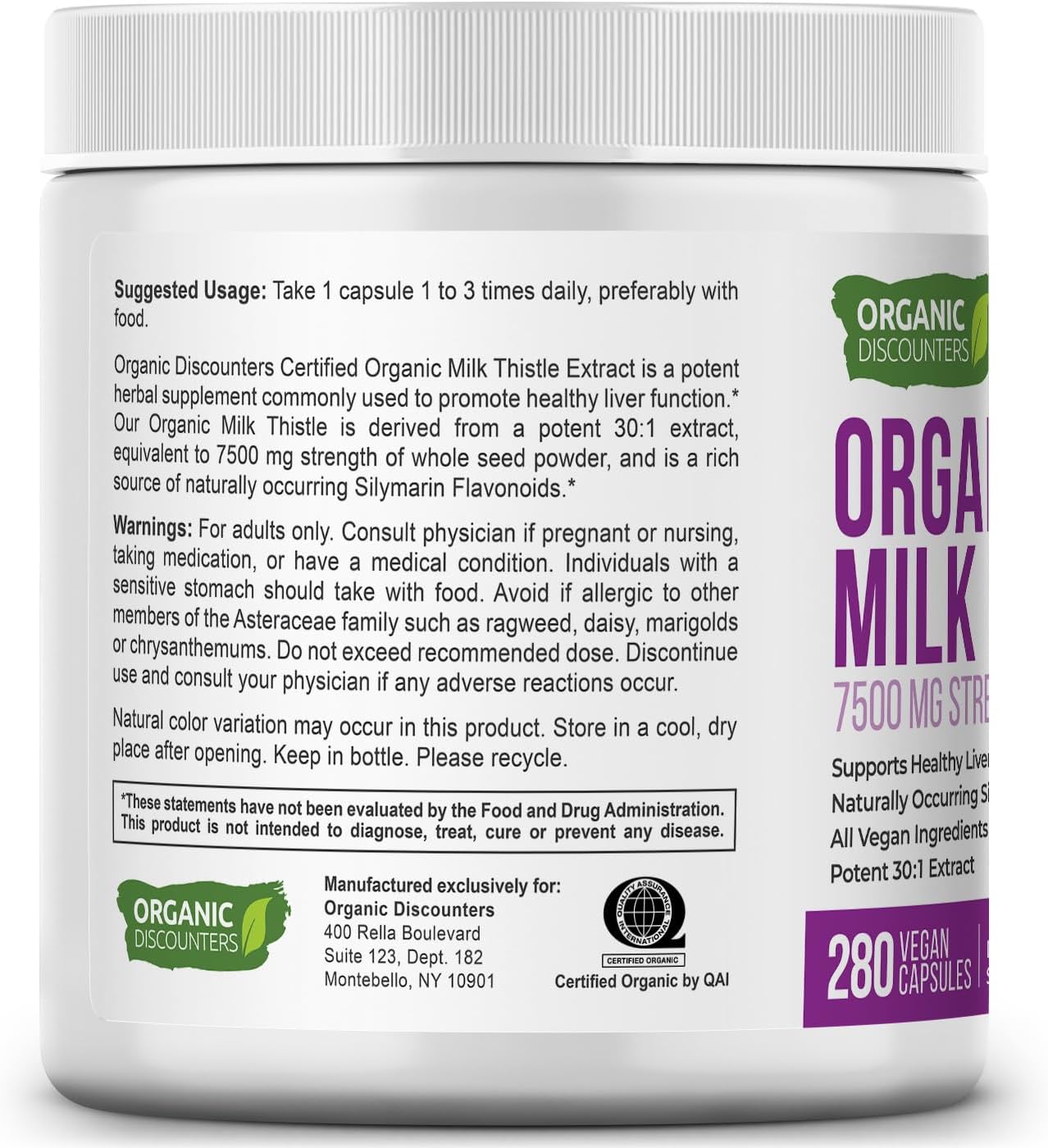 Organic Discounters supplement container with label detailing usage, ingredients, and certification information.