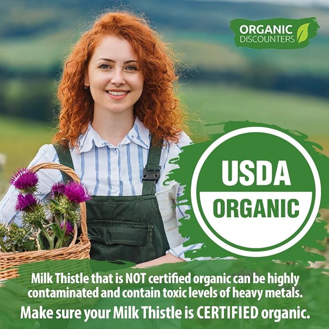 Woman with red hair holding a basket of milk thistle in an organic field, with USDA Organic certification logo.
